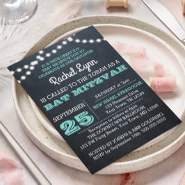 Chalkboard Lights Blauwgroen Bat Mitzvah Invitatio Kaart