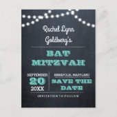 Chalkboard Lights Blauwgroen Bat Mitzvah Save the Aankondigingskaart (Voorkant)