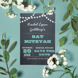 Chalkboard Lights Blauwgroen Bat Mitzvah Save the  Aankondigingskaart