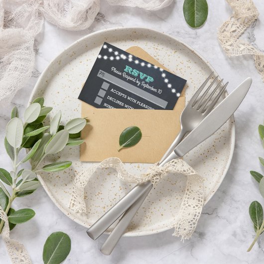 Chalkboard Lights Blauwgroen bruiloft RSVP Kaart
