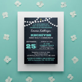 Chalkboard Lights Blauwgroen Eerste Communie Uitno Kaart