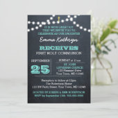 Chalkboard Lights Blauwgroen Eerste Communie Uitno Kaart (Staand voorkant)