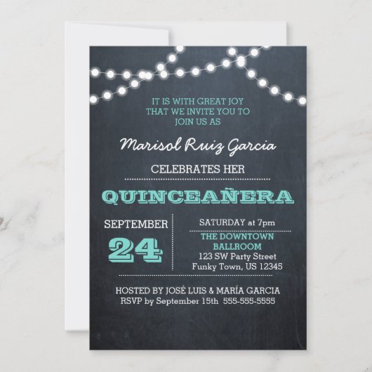 Chalkboard Lights Blauwgroen Quinceañera Uitnodigi Kaart (Voorkant)