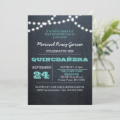 Chalkboard Lights Blauwgroen Quinceañera Uitnodigi Kaart (Staand voorkant)