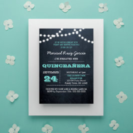 Chalkboard Lights Blauwgroen Quinceañera Uitnodigi Kaart