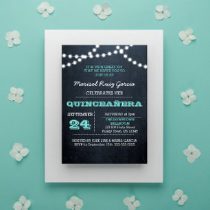 Chalkboard Lights Blauwgroen Quinceañera Uitnodigi Kaart