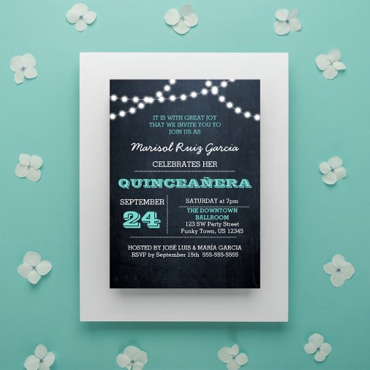 Chalkboard Lights Blauwgroen Quinceañera Uitnodigi Kaart