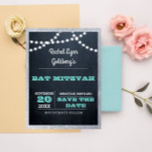 Chalkboard Lights Blauwgroen Zilveren Rand Save th Aankondigingskaart