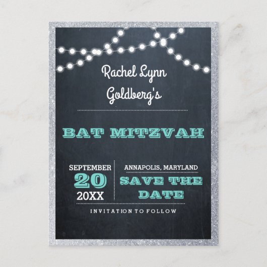 Chalkboard Lights Blauwgroen Zilveren Rand Save th Aankondigingskaart (Voorkant)