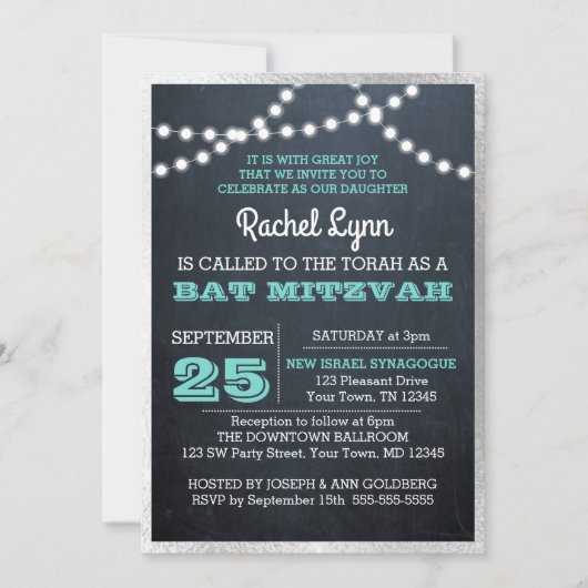 Chalkboard Lights Blauwgroen Zilveren Textuur Bat Kaart (Voorkant)