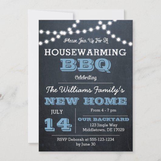 Chalkboard Lights Blue Housewarming Uitnodigingen (Voorkant)