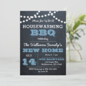Chalkboard Lights Blue Housewarming Uitnodigingen (Staand voorkant)