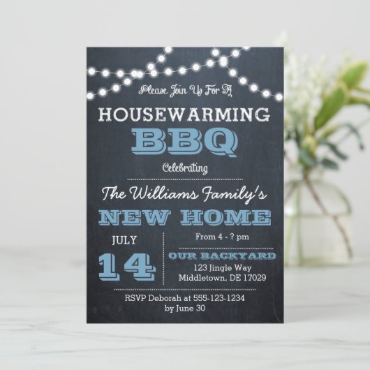 Chalkboard Lights Blue Housewarming Uitnodigingen (Staand voorkant)