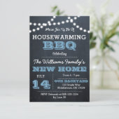 Chalkboard Lights Blue Housewarming Uitnodigingen (Staand voorkant)