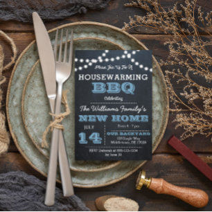 Chalkboard Lights Blue Housewarming Uitnodigingen