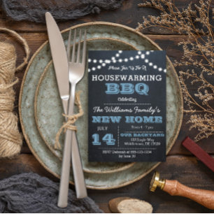 Chalkboard Lights Blue Housewarming Uitnodigingen