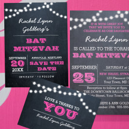 Chalkboard Lights Donker Roze Bat Mitzvah Dank je Bedankkaart