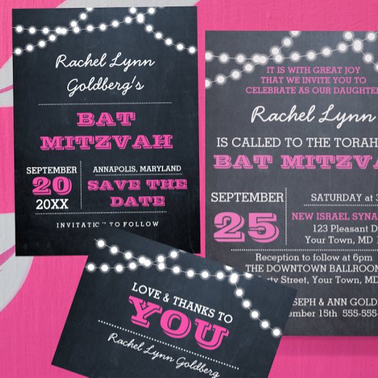 Chalkboard Lights Donker Roze Bat Mitzvah Dank je Bedankkaart