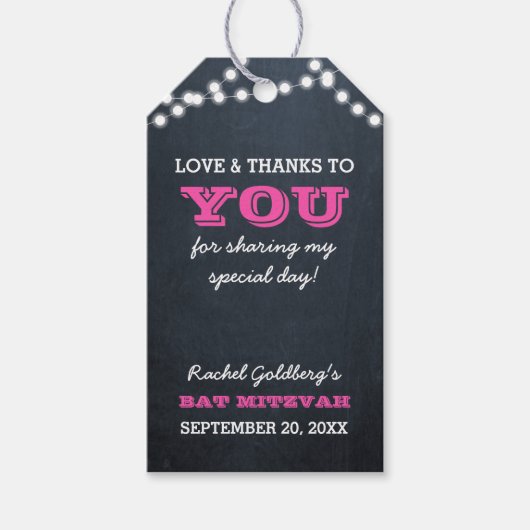 Chalkboard Lights Donker Roze Bat Mitzvah Dank je Cadeaulabel (Voorkant)