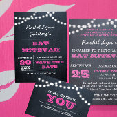 Chalkboard Lights Donkerroze vleermuis Mitzvah Ops Aankondigingskaart