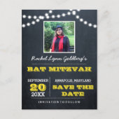 Chalkboard Lights Gold Bat Mitzvah Foto Opslaan Da Aankondigingskaart (Voorkant)