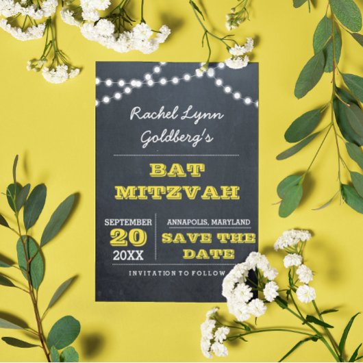 Chalkboard Lights Gold Bat Mitzvah Save the Date Aankondigingskaart