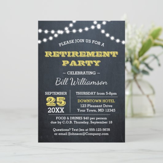 Chalkboard Lights Gold Retirement Party Kaart (Staand voorkant)