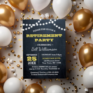 Chalkboard Lights Gold Retirement Party Kaart