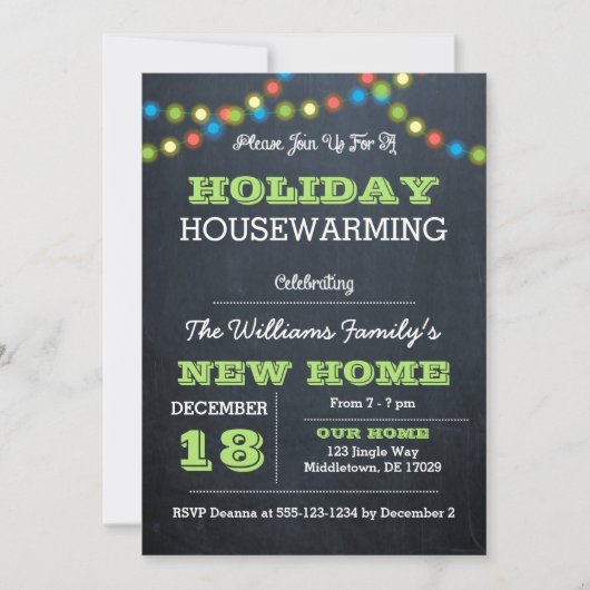 Chalkboard Lights Holiday Housewarming Invitation Kaart (Voorkant)