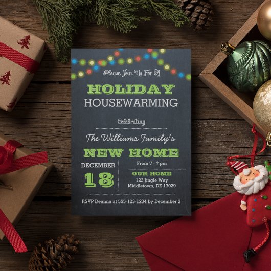 Chalkboard Lights Holiday Housewarming Invitation Kaart