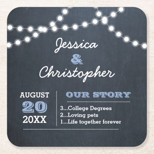 Chalkboard Lights Lichtblauw Gepersonaliseerde bru Kartonnen Onderzetters (Voorkant)