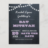 Chalkboard Lights Lila Bat Mitzvah Save the Date Aankondigingskaart (Voorkant)