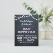 Chalkboard Lights Lila Bat Mitzvah Save the Date Aankondigingskaart (Staand voorkant)