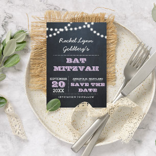 Chalkboard Lights Lila Bat Mitzvah Save the Date Aankondigingskaart