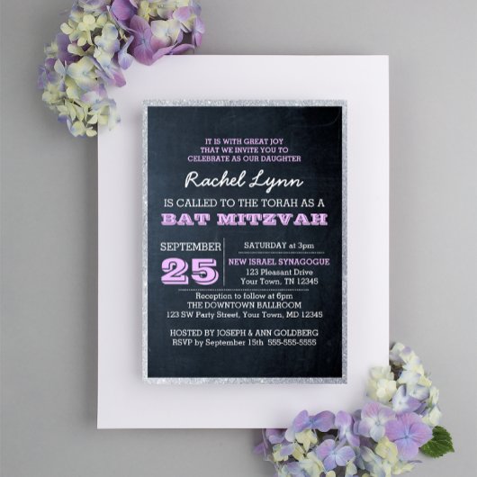 Chalkboard Lights Lila Glitter Border Bat Mitzvah Kaart