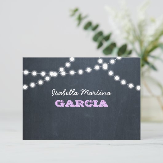Chalkboard Lights Lila Quinceañera Note Kaart (Staand voorkant)