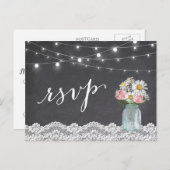 Chalkboard Lights Mason Jar Floral Wedding RSVP Uitnodiging Briefkaart (Voorkant / Achterkant)