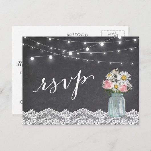Chalkboard Lights Mason Jar Floral Wedding RSVP Uitnodiging Briefkaart (Voorkant / Achterkant)