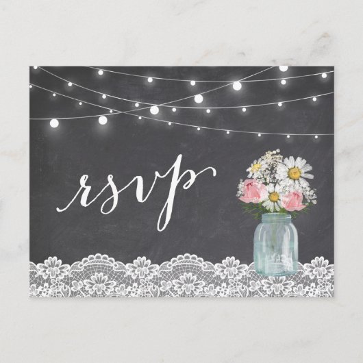 Chalkboard Lights Mason Jar Floral Wedding RSVP Uitnodiging Briefkaart (Voorkant)