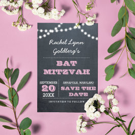 Chalkboard Lights Pink Bat Mitzvah Save the Date Aankondigingskaart