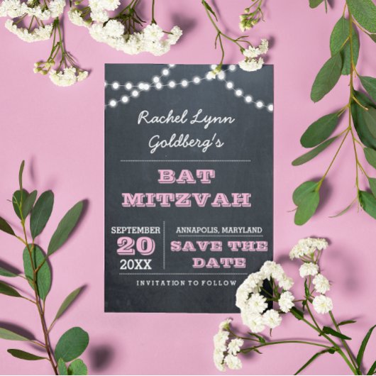 Chalkboard Lights Pink Bat Mitzvah Save the Date Aankondigingskaart