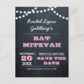 Chalkboard Lights Pink Bat Mitzvah Save the Date Aankondigingskaart (Voorkant)