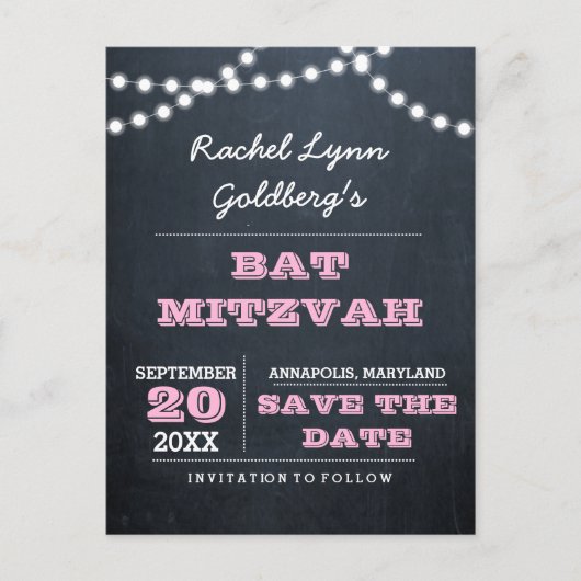 Chalkboard Lights Pink Bat Mitzvah Save the Date Aankondigingskaart (Voorkant)