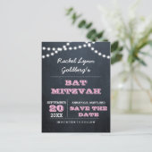 Chalkboard Lights Pink Bat Mitzvah Save the Date Aankondigingskaart (Staand voorkant)