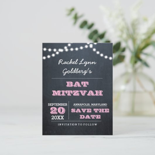 Chalkboard Lights Pink Bat Mitzvah Save the Date Aankondigingskaart (Staand voorkant)
