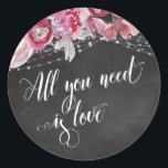 Chalkboard Lights Pink Floral Alles wat je nodig h Ronde Sticker<br><div class="desc">Dit ontwerp onderscheidt zich door zijn lichte snaren, roze waterverven en een krijtbordachtergrond. Het brandpunt is een typografielaag die leest "Alles wat je nodig hebt is liefde" in een wervelend, uitgebreid lettertype. Veel coördinerende stukken zijn beschikbaar in het collectie. Laat het me weten als je hulp nodig hebt. // 73...</div>
