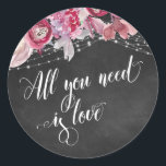Chalkboard Lights Pink Floral Alles wat je nodig h Ronde Sticker<br><div class="desc">Dit ontwerp onderscheidt zich door zijn lichte snaren, roze waterverven en een krijtbordachtergrond. Het brandpunt is een typografielaag die leest "Alles wat je nodig hebt is liefde" in een wervelend, uitgebreid lettertype. Veel coördinerende stukken zijn beschikbaar in het collectie. Laat het me weten als je hulp nodig hebt. // 73...</div>