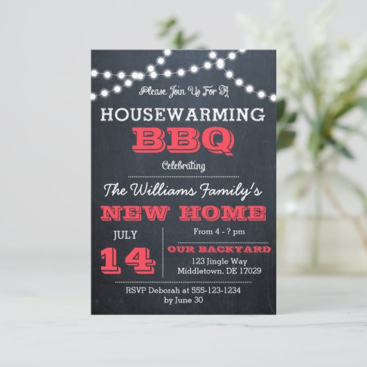 Chalkboard Lights Red Housewarming Uitnodigingen (Staand voorkant)