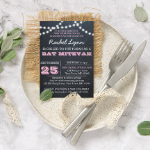 Chalkboard Lights Roze Bat Mitzvah Uitnodiging