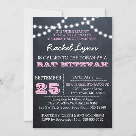 Chalkboard Lights Roze Bat Mitzvah Uitnodiging (Voorkant)
